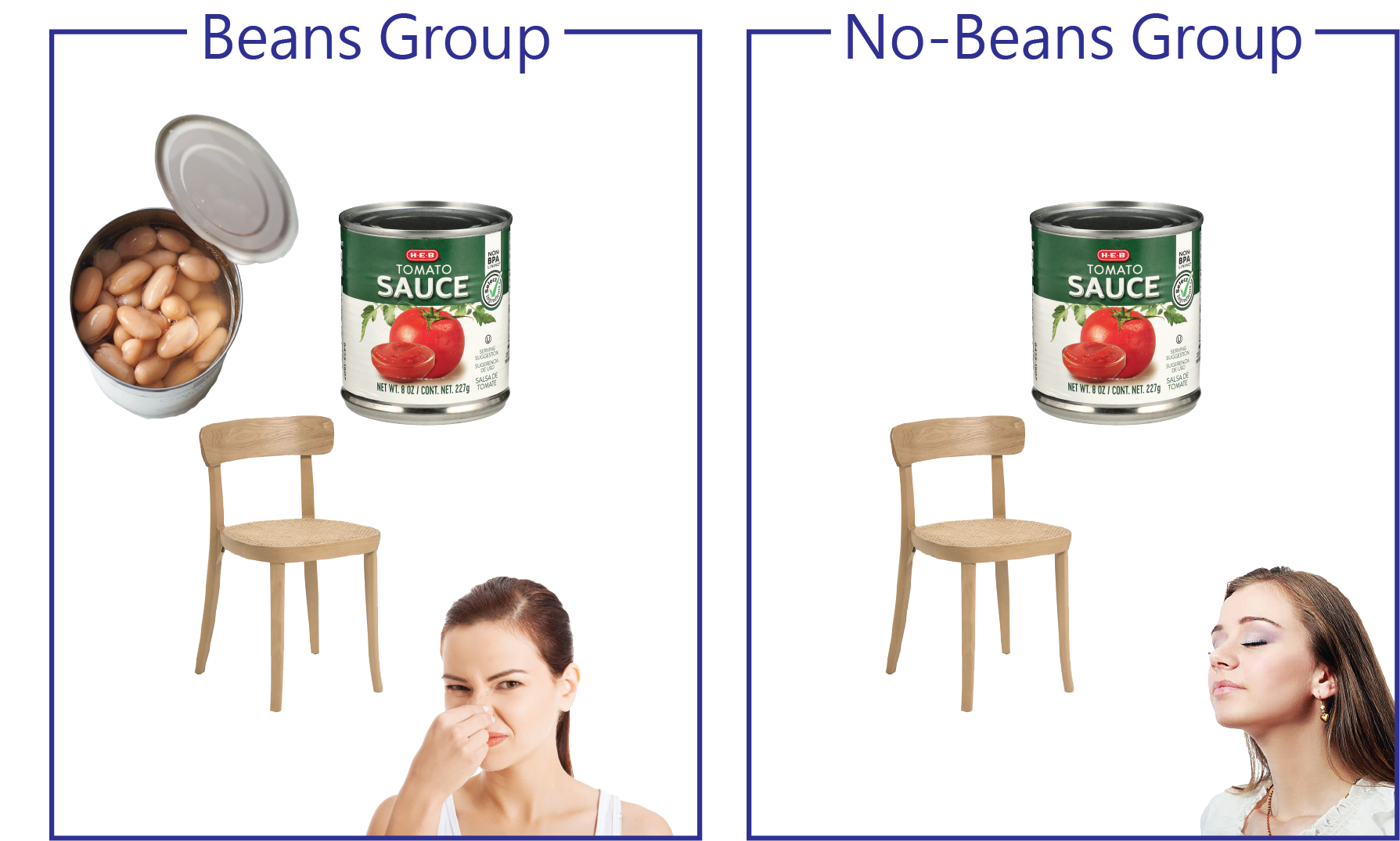 Schematic of imaginary experiment with a beans group and no beans group. Presence of flatulence is depicted by two women, one holding her nose and the other sniffing the air happily.